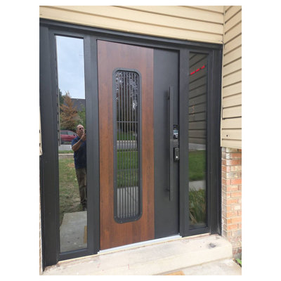 Porte d'entrée extérieure en aluminium Ronex 0511, chêne bronze, prémontée, acier, métal, style moderne, peinte, largeur 91,4 cm x hauteur 203,2 cm + 35,6 cm, ouverture à gauche vers l'intérieur