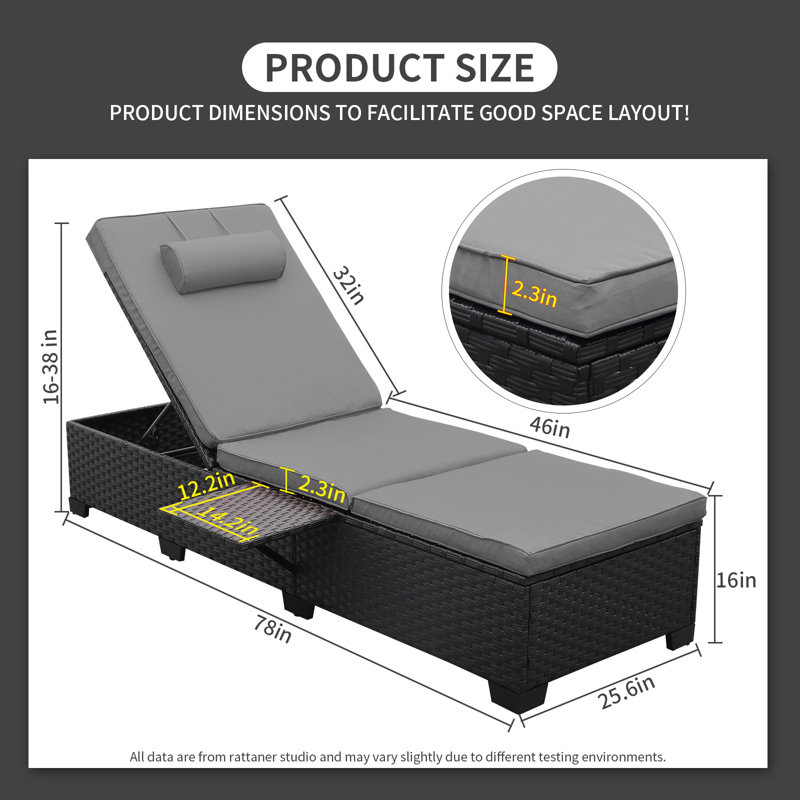 Persei Outdoor Wicker Chaise Lounge with Foldable Side Table, Gray