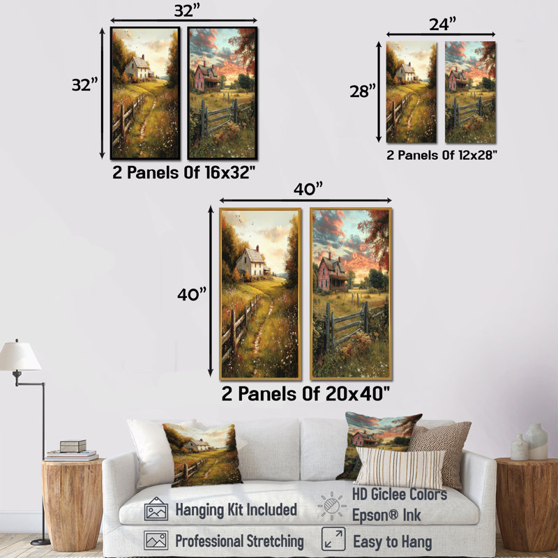 «Green Farmhouse Charm I» - ensemble d'art mural de ferme 2 pièces, Toile tendue, H 28 po x l 24 po