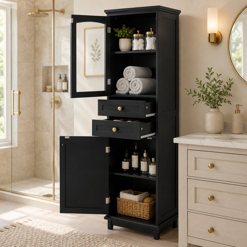 Armoire de rangement de salle de bain 63 "avec tablettes réglables et pieds en bois massif Bconvit, Noir