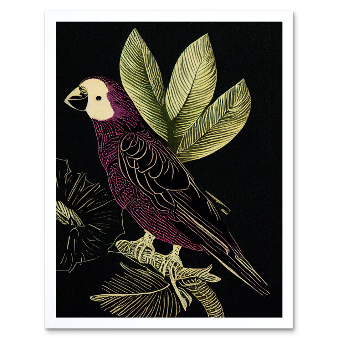 Parrot Leaves Tree Branch Vintage Linocut - Print