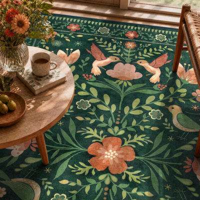 Goldene Boho Washable Botanical Dark Green Round Rugs for Living Room, Low-Pile Floral Rug with Non Slip Backing For Bedroom Dining Room