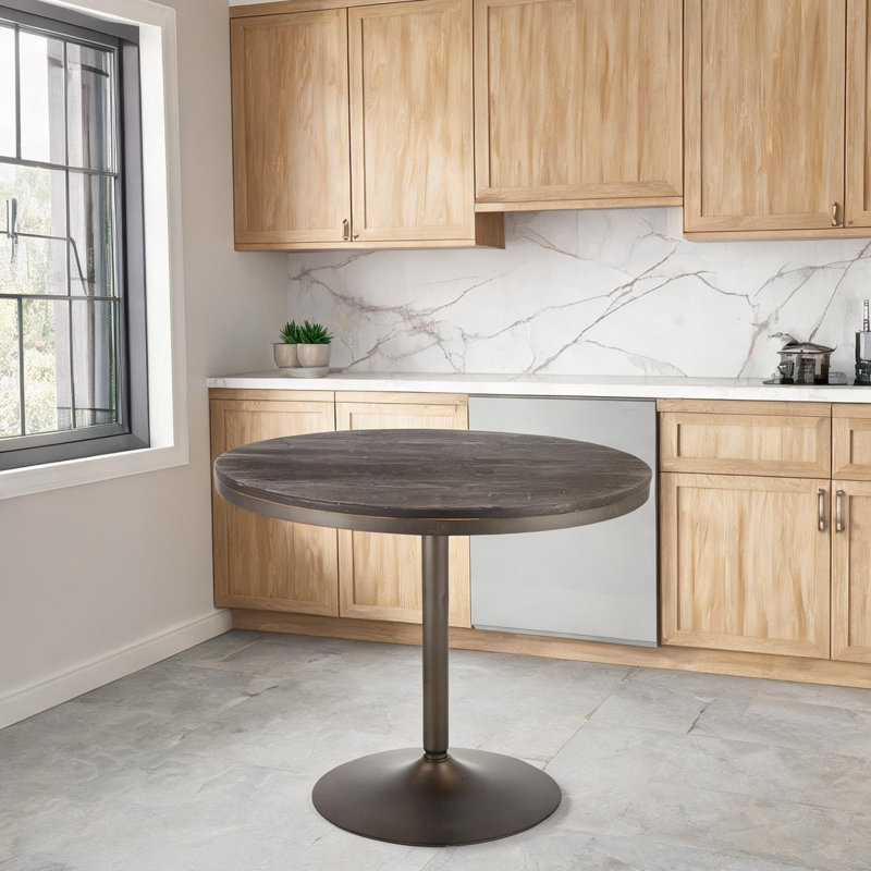 Table de salle à manger carrée pour 4 personnes avec base en métal antique et plateau en bambou brun chaud, style industriel