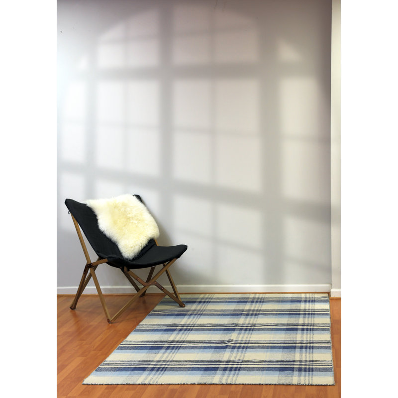 Tapis beige / bleu en laine / coton tissé à la main Pickering, Rectangle 4 pi x 6 pi