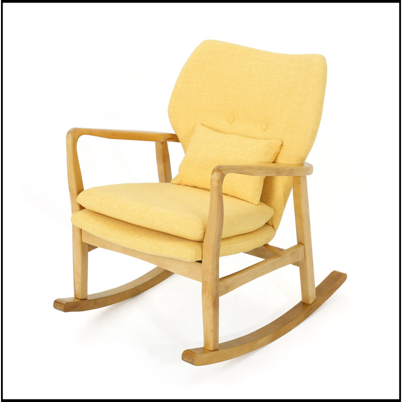 Chaise berçante élégante en bois massif avec coussin en lin jaune