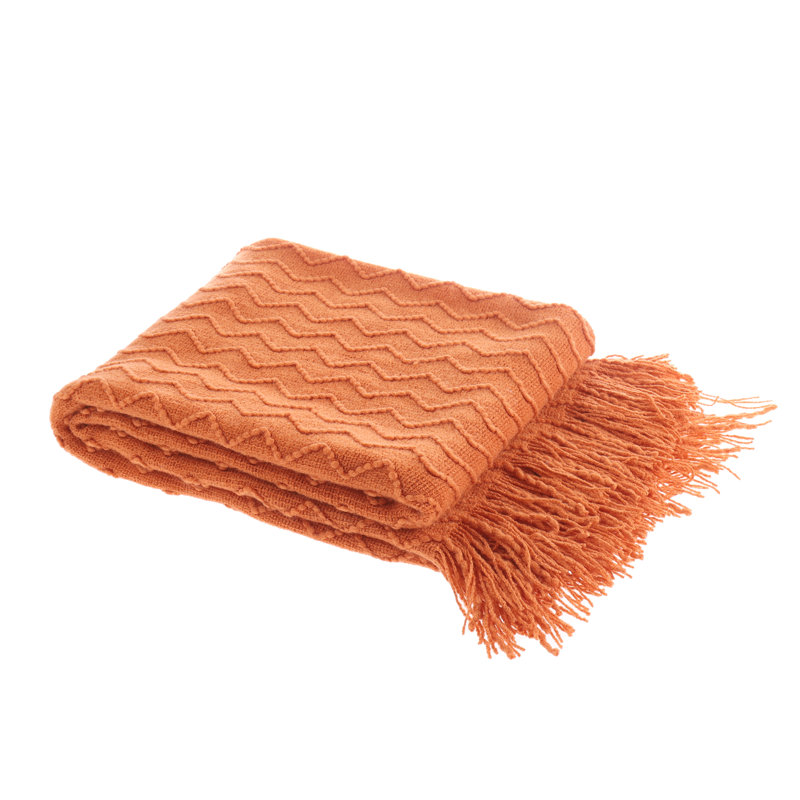 Burnt Orange Knitted Cotton Wool Throw Blanket with Tassels, 50"x60"