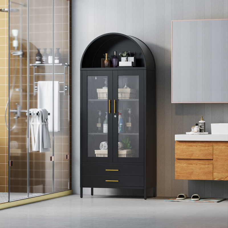 30.7 In. W×72.8 In. H×15.4 In. D  2-shelf And 2-drawer Metal Display Cabinet,Modern Freestanding Arched Cabinet, Antique Cabinets,Porcelain Cabinets,Bookshelves,assembly Required