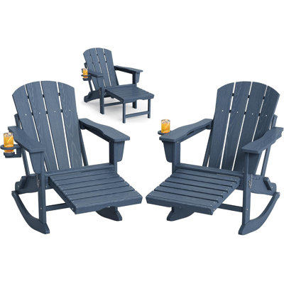 Ensemble de 2 chaises berçantes pliantes Adirondack avec repose-pieds rétractable, chaise berçante d'extérieur en PEHD toutes saisons avec porte-gobelet, texture bois, bleu marine