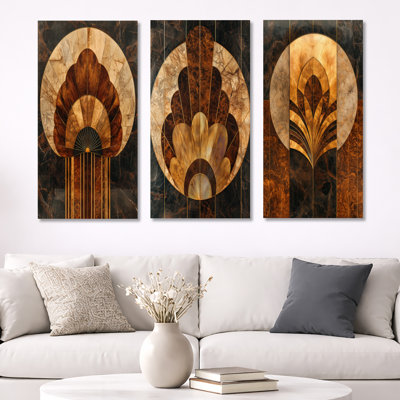 «Mosaic Walnut Essential Forms I», ensemble de 3 reproductions d'art abstraites en métal