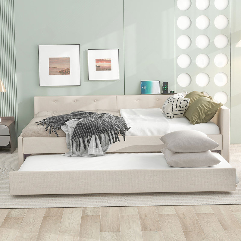 Lit plateforme tapissier avec port USB et lit gigogne simple, Grand lit
