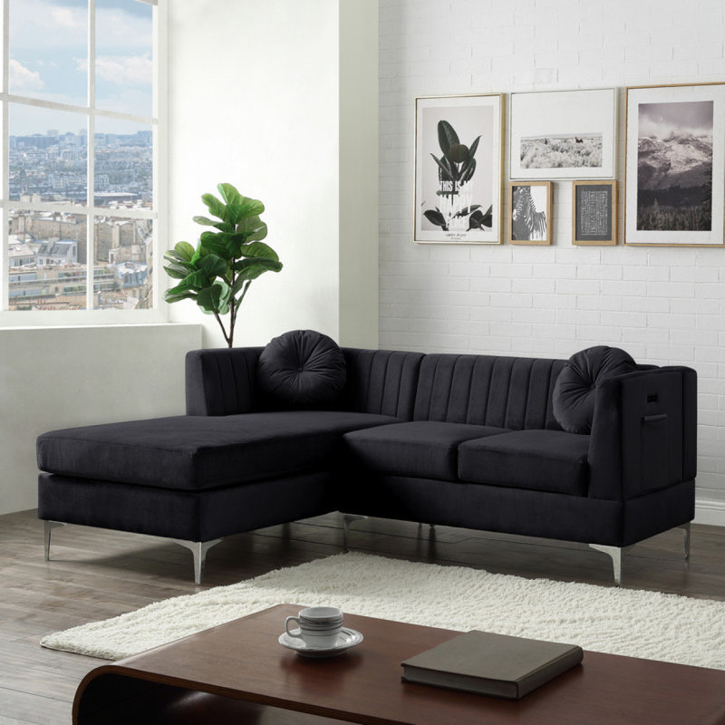 Canapé modulaire en velours 85,5 po Modern Canapé Chloe avec port de charge USB, Velours noir
