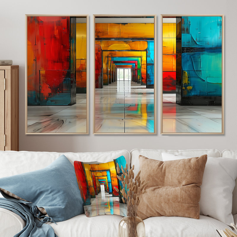 «Red Blue Colorful Glass Tunnels II - Tunnels», ensemble d'art mural, Toile naturelle avec cadre flottant
