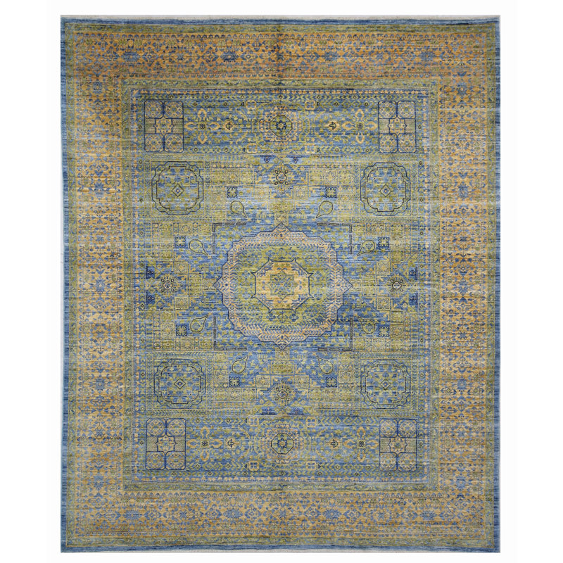 Tapis bleu et jaune noué à la main de haute qualité