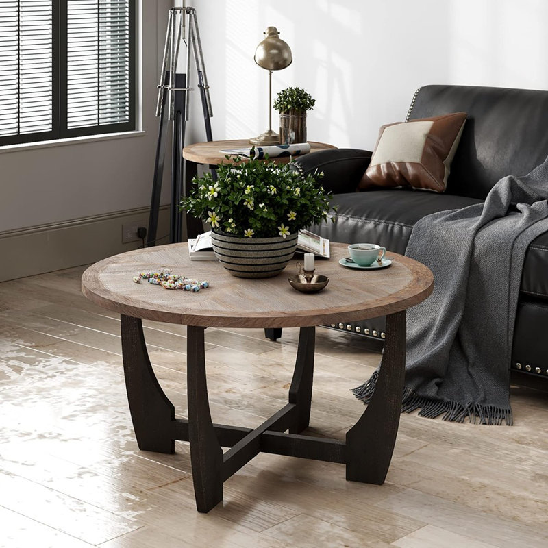 Rustic Round Coffee Table with Distressed Wood Finish and Crisscross Base