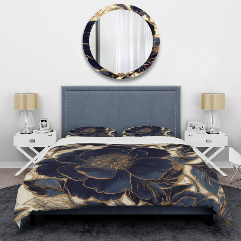 Blue Gold Peonies Celebration IV BeddingMicrofiber / Polyester Duvet Cover Set, King Duvet Cover + 2 King Shams
