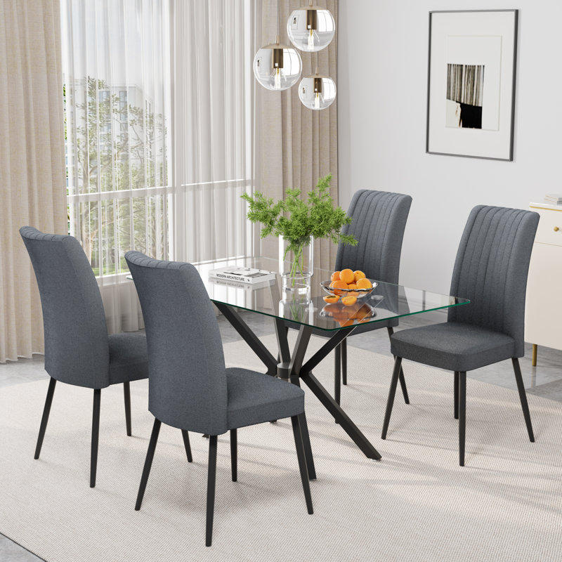 5-Piece Modern Luxury Dinner Table Set, 47'' Tempered Glass Kitchen Table Set with Minimalist High Back Velvet Dining Chairs, Rectangular Dining Room Table Set for 4 for Home, Dining Room, Office