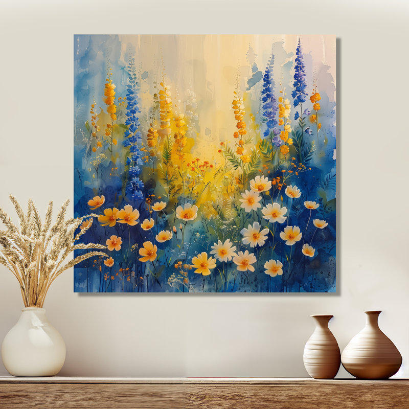 Jardin jaune, bleu, rêve, marguerite S III - marguerite, art mural, salon, Toile tendue, H 36 po x l 36 po x P 1,5 po