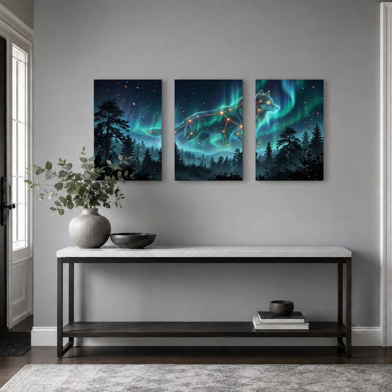 «Aurora Wolf Constellation in Northern Forest», ensemble de 3 toiles, H 36 po x l 24 po x 3 pièces