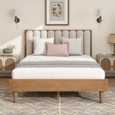 Grand lit en bois avec tête de lit tapissier de style piano, lit en bois avec cadre de lit renforcé, blé
