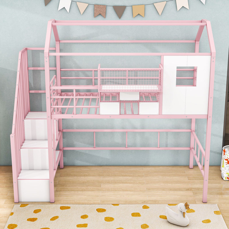 Twin Metal Loft Bed With Roof Design, Convenient Storage Case And Staircases, Pink