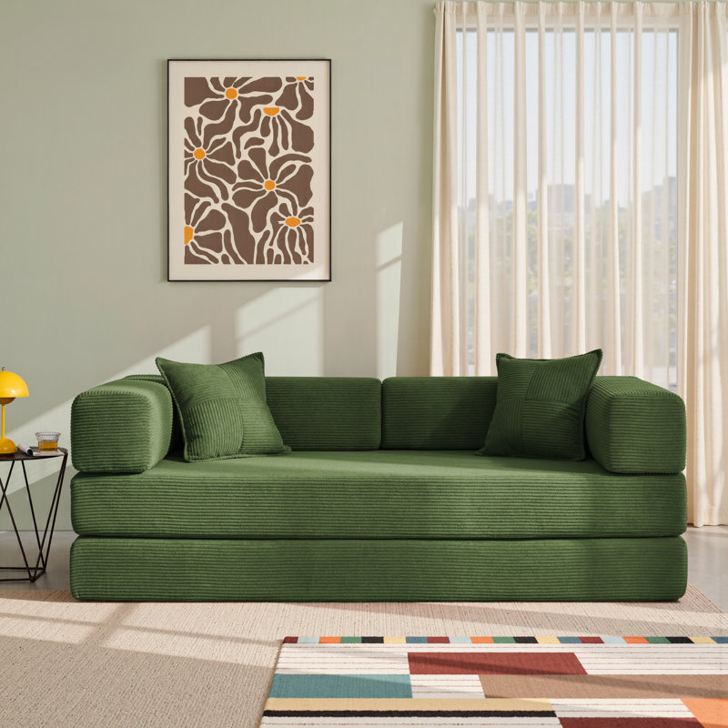 Folding Sofa Bed 160cm King Size, Convertible Modular Sofa, Corduroy Boneless Couch with Metal Frame, Green
