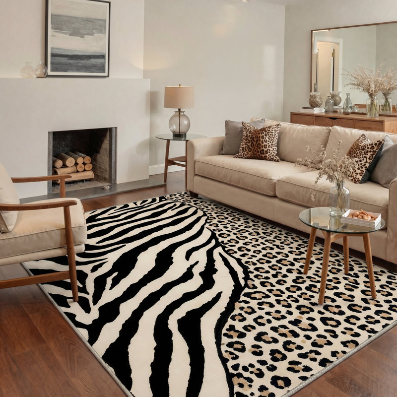 Abrahamson Zebra and Leopard Patchwork Animal Print Machine Washable Black / Beige Indoor Area Rug with Non-Slip Backing