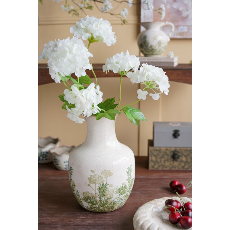 Vase en céramique 7 x 7 x 10 po avec finition blanche et motifs botaniques verts