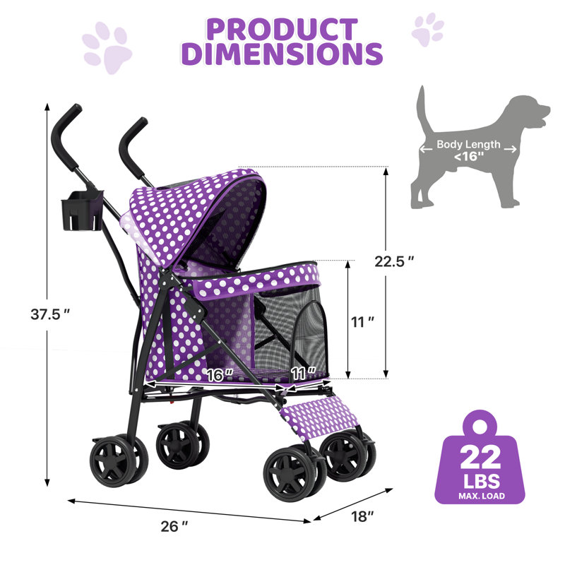 Pet Stoller Dog Cat Stoller Comfortable Lightweight Stroller With Adjustable Canopy, Purple