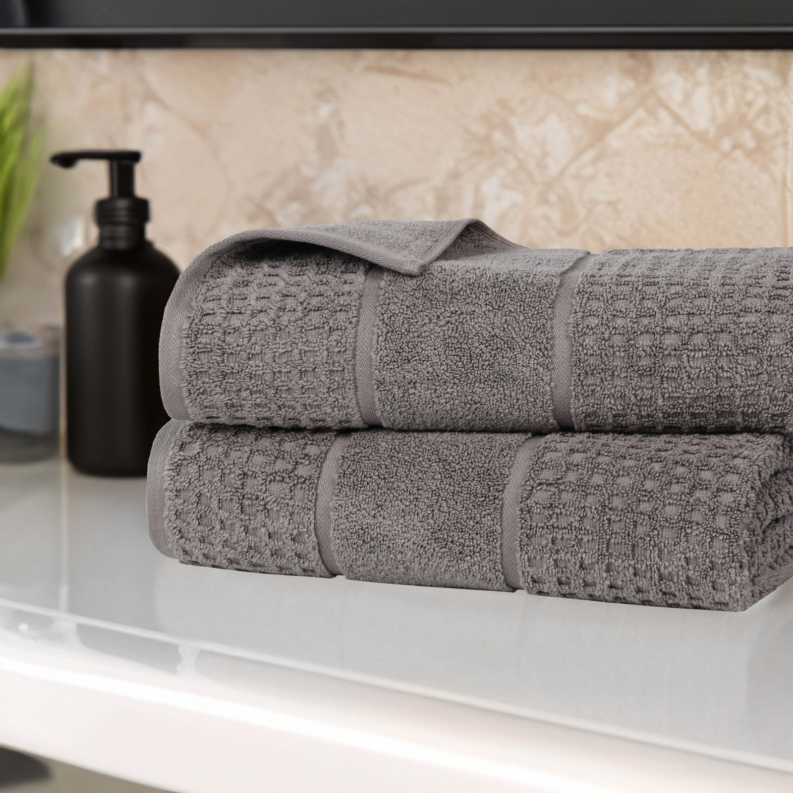 Hiyabel Zero Twist 100% Cotton Waffle Honeycomb Bath Sheet Set, Charcoal
