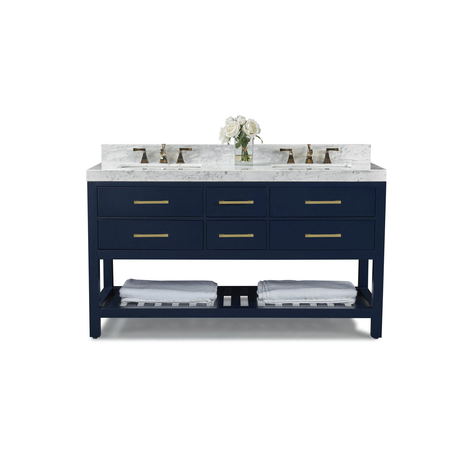 Carrie 60'' Double Bathroom Vanity, Heritage Blue/Brushed Gold, Carrara White Marble
