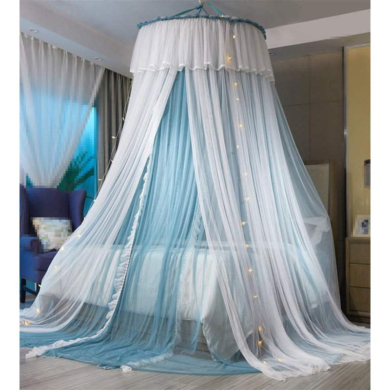 Blue and White Double Layer Princess Bed Canopy with LED Lights
