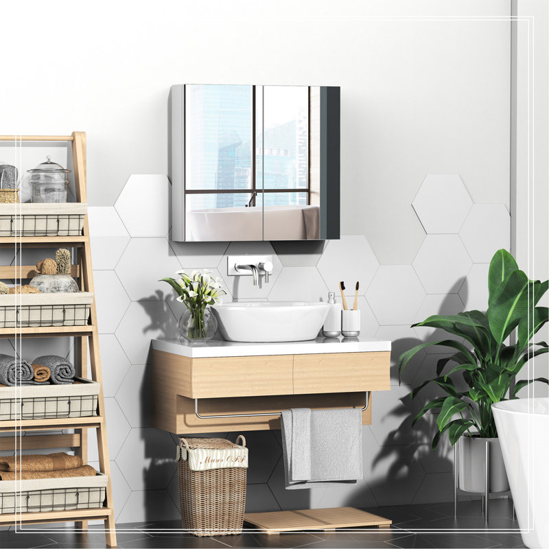 Armoire de salle de bain avec miroir, armoire à pharmacie avec cadre en acier inoxydable, organisateur de rangement mural avec portes doubles