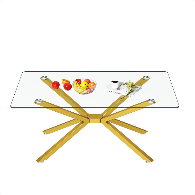 Table basse de 39,37 po rectangulaire en verre trempé transparent, design élégant avec pieds en métal doré, table basse de salon