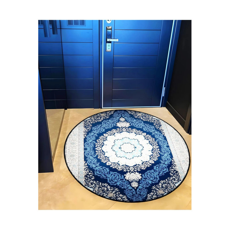 Navy Blue White Ethnic Pattern Detailed Woven Base Modern Decorative Carpet, Round 4'