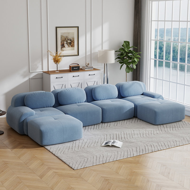 Compression Sofa, U Shape Sofa, Corduroy Fabric Sofa, For Living Room, Blue Corduroy