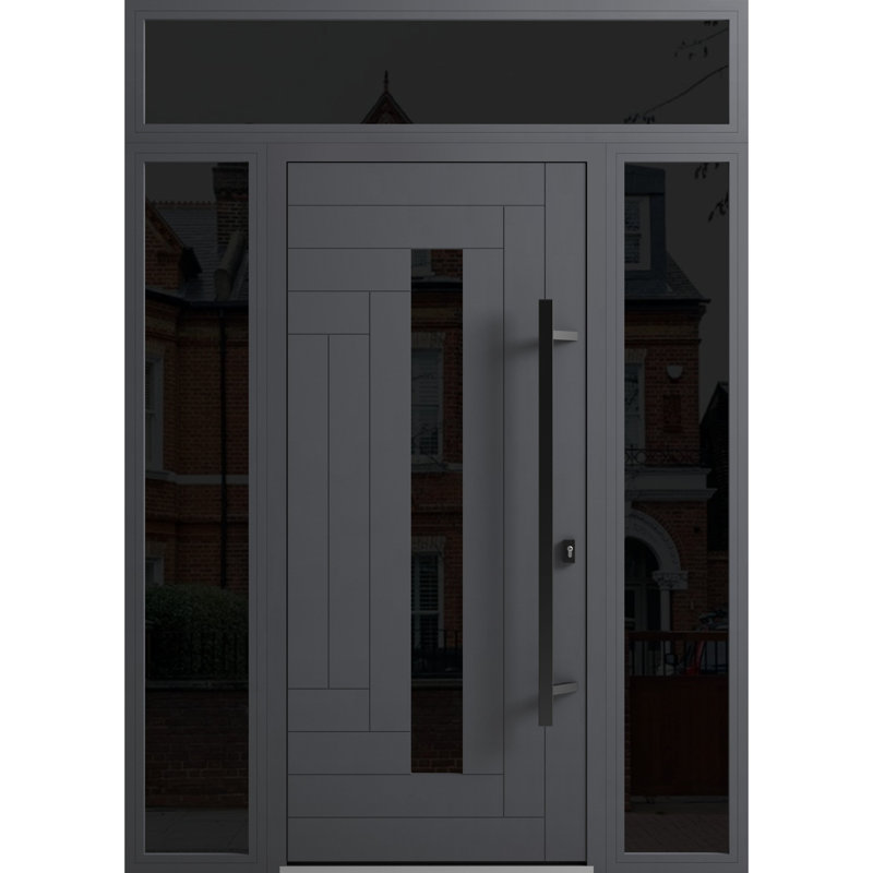Porte avant en acier pré-suspendue à l'avant / Ronex 0130 gris / 2 côtés et fenêtre extérieure supérieure à panneau latéral / entrée en métal peint moderne l 12 + 36 + 12 po x H 80 + 16 po à gauche