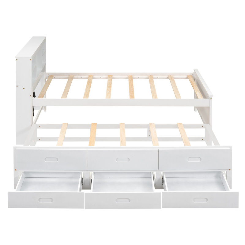 Lit plateforme simple avec tête de lit avec rangement, USB, cadre de lit en bois avec lit gigogne simple et 3 tiroirs, pour enfants adolescents, aucun sommier nécessaire, assemblage facile, blanc
