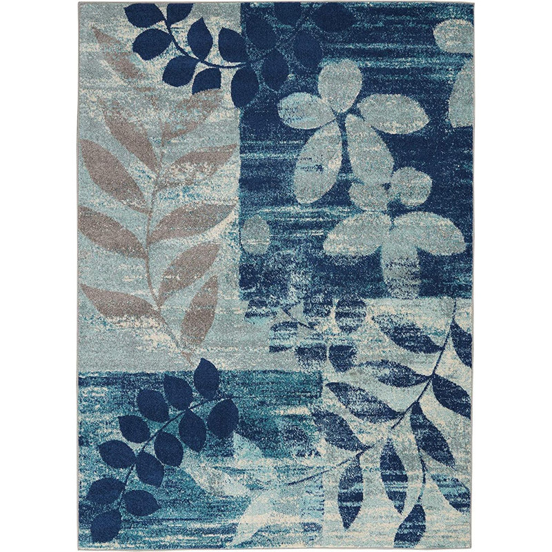 Tapis bleu à motif floral Leeming, Rectangle 6 pi x 9 pi