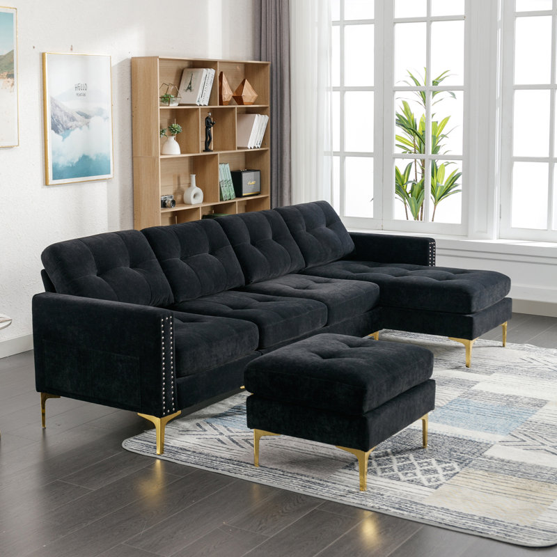 Canapé modulaire convertible en L 110,6 po avec repose-pieds mobile pour salon, Velours noir