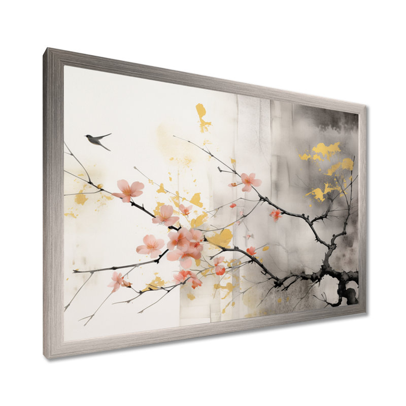 Art asiatique Sumi Blossom I - art mural asiatique, H 34 po x l 44 po x P 1,5 po, Cadre simple argenté