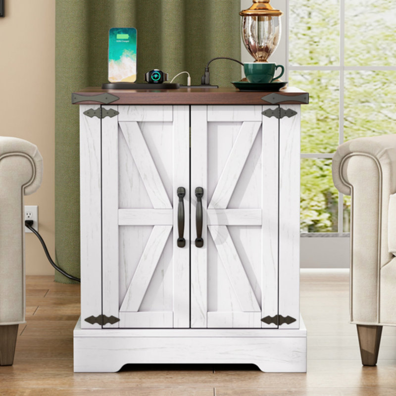 End Table With Storage And Built-in Outlets, White