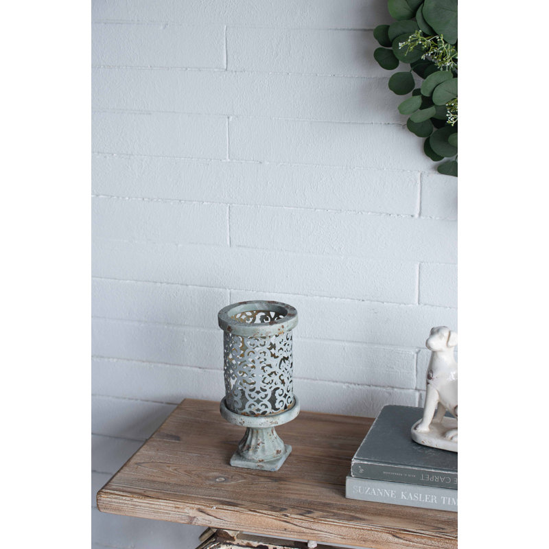 12” Distressed Gray Cement Candle Holder with Cutout Design, Vintage-Inspired Pedestal Stand for Mantel, Tabletop, or Centerpiece 