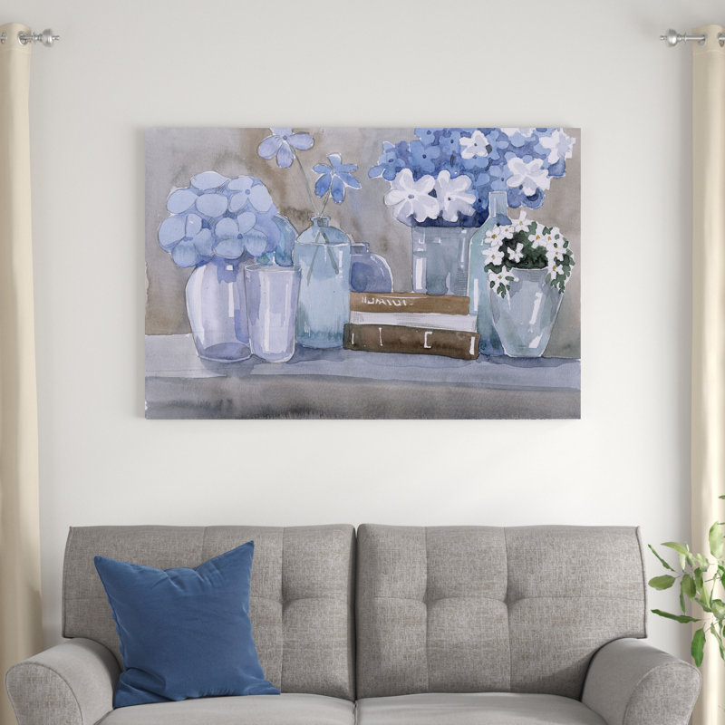 Floral peint en bleu avec des vases, H 32 po x l 48 po