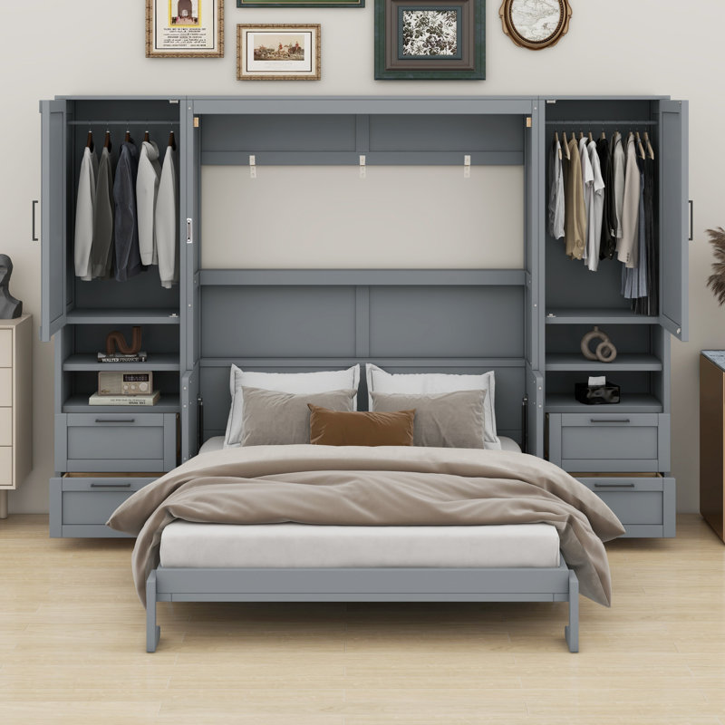 Lit escamotable Murphy avec placard, tiroirs et tablettes, Gris
