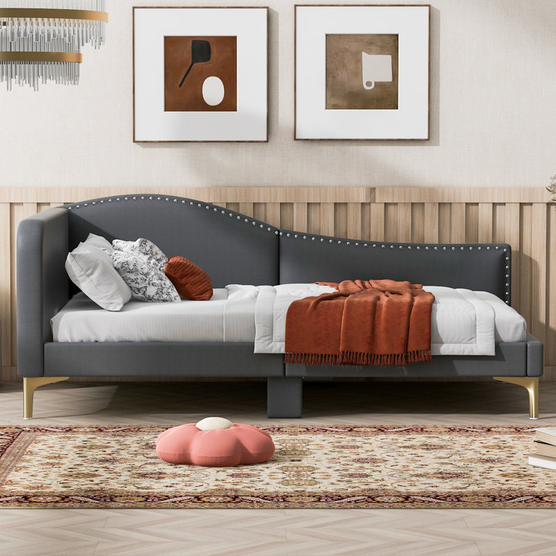 Lit de jour simple rembourré avec tête et accoudoirs - Lit d'invité gris avec pieds de soutien pour la chambre à coucher