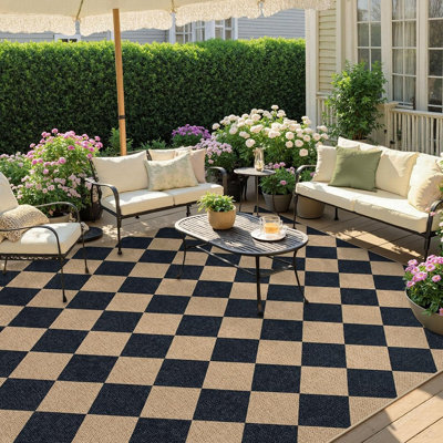 Tapis intérieur/extérieur en jute à carreaux, motif géométrique noir et gris, lavable en polyester à poils courts avec envers antidérapant en TPE.