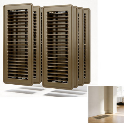 Paquet de 6 housses de registre de plancher en acier de 4 po x 12 po, grilles d'aération thermolaquées brunes avec débit d'air réglable et rebords courbés sécuritaires pour le plancher de la maison