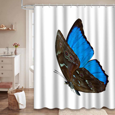 Beautiful Flying Blue Butterfly White Shower Curtain with 12 Hooks