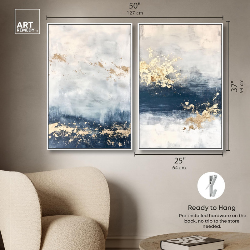 «Gilded Coastal Calm Blue Art», ensemble de 2 impressions sur toile par , H 37 po x l 25 po, Blanc