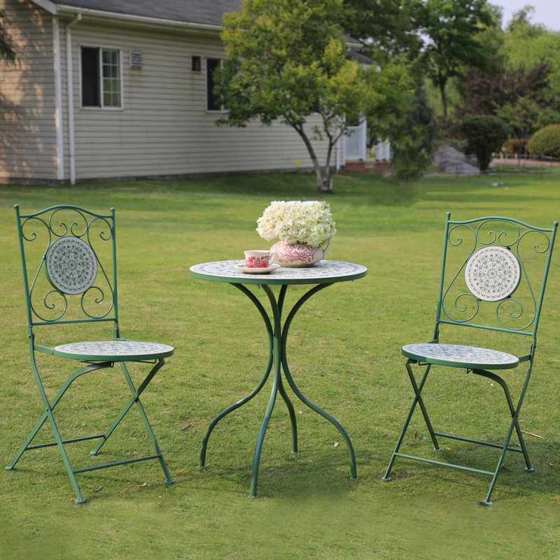 Ceramic Top Outdoor Bistro Set for 2 Persons, Small Dining Table and Chairs Set for Patio Balcony Garden, Green